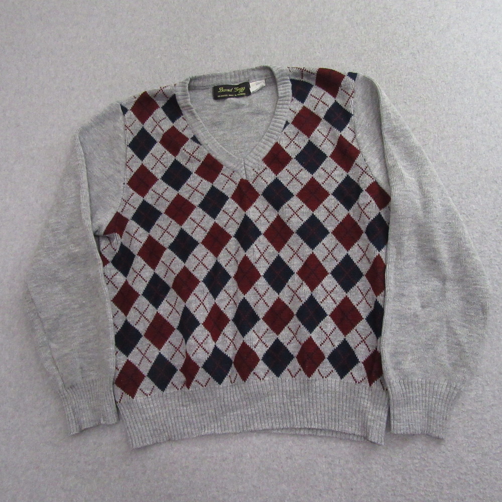 David Gregg Mens Pullover Sweater L Gray Vintage 90s V‎ Neck Agryle